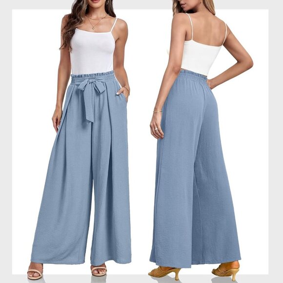 High Waisted Palazzo Pants Work Casual Flowy Tie Knot Trousers with Pockets - Picture 5 of 5
